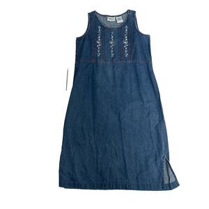 Vintage Petite Large Denim Tank Midi Dress 100% Cotton Floral Embroidery Grandma